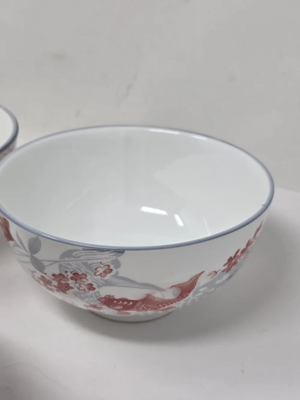 SF Marked glazed Porcelain Bowls with Red Floral&Fish Motif Japanese Set of 3